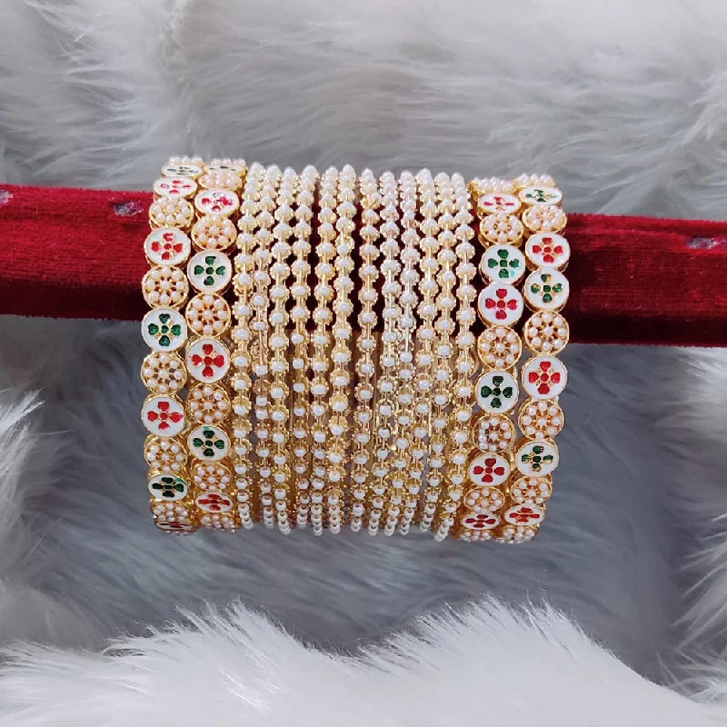 Trendy Custom Bangles For Bridal Jewelry-Pooja Bangles Meenakari And Pearl Bangles Set