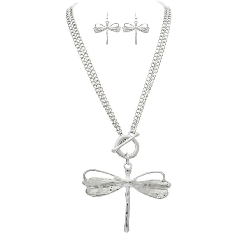 Handmade Gemstone Necklace For Special Occasions-Rain :  Silver Convertible 17-34" Dragonfly Necklace Set