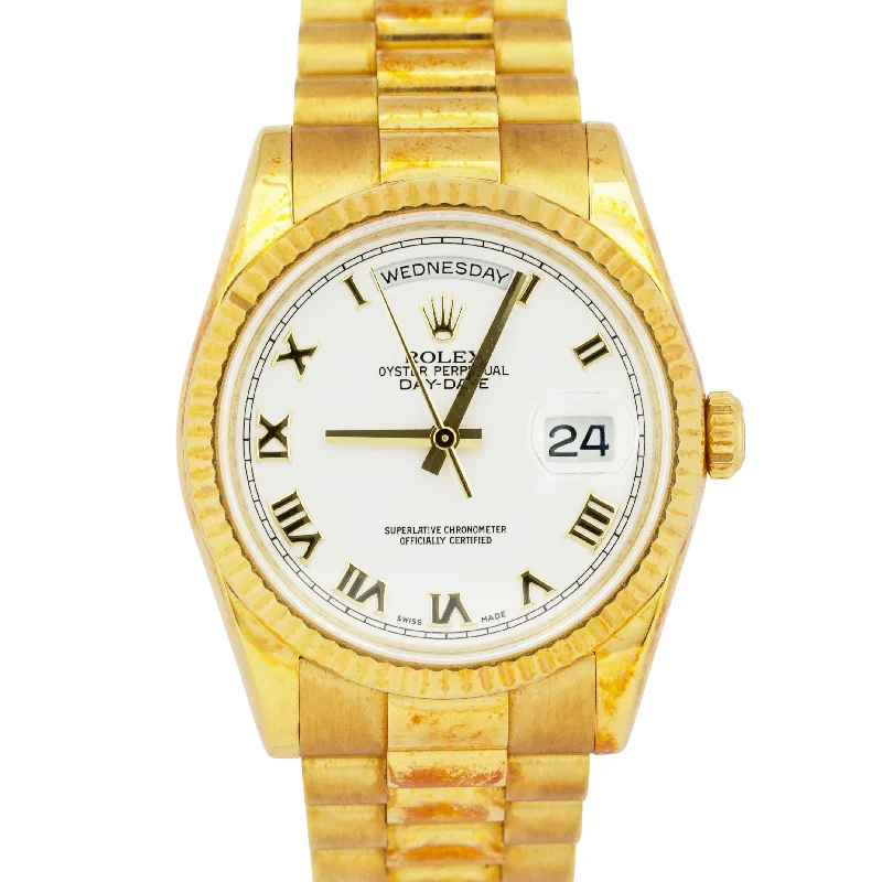 Solar Powered Watches For Eco-Conscious Consumers-UNPOLISHED PAPERS Rolex Day-Date WHITE ROMAN 36mm 18K Gold PATINA 118238 BOX