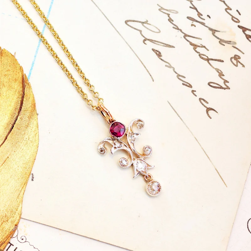 Custom Heart Necklace For Loved Ones-Beautiful Antique Art Nouveau Ruby & Diamond Pendant