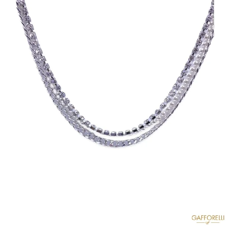 Unique Layered Necklace For Special Occasions-Necklace with Three Details: Pearls, Rhinestones and Choker Chain C288- Gafforelli Srl