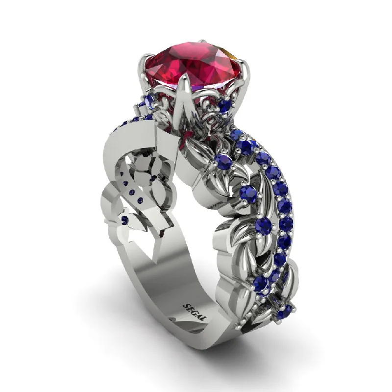 Elegant Stackable Rings For Fashionistas-Round Floral Cathedral Ruby Engagement Ring - Lindsay No. 72