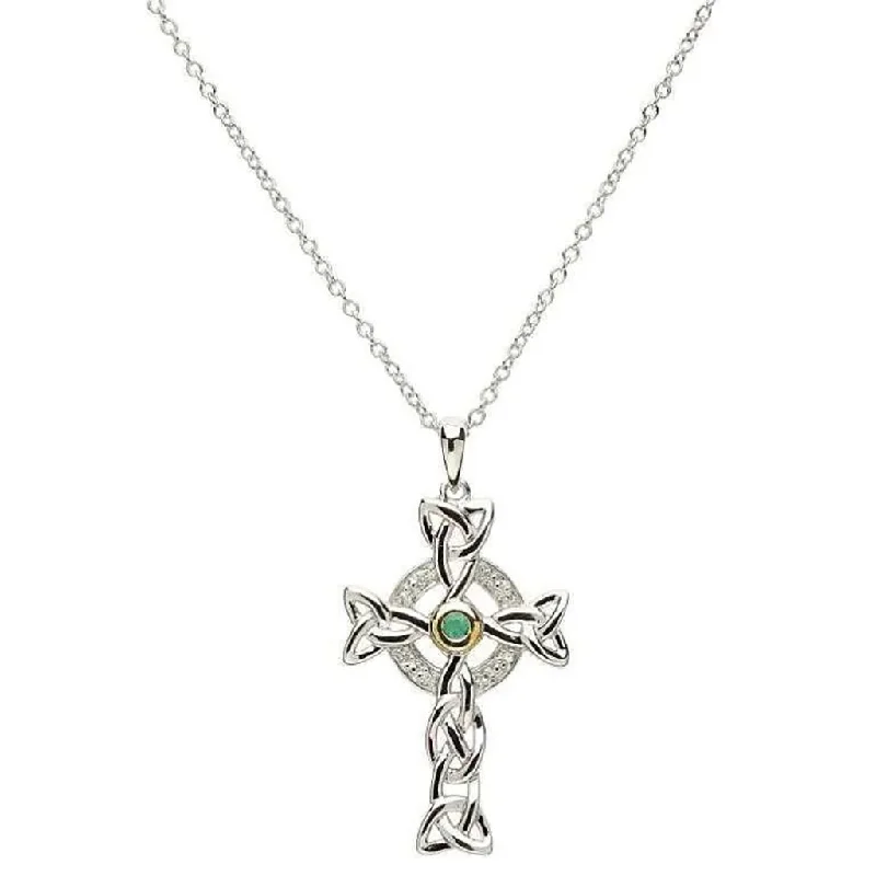 Modern Gold Necklace For Trendy Style-Shanore : Trinity Knot Diamond & Emerald Silver Celtic Cross Necklace