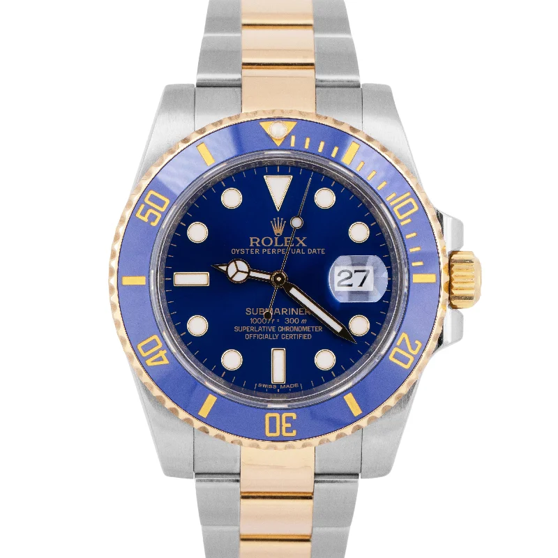 Classic Leather Strap Watches-MINT PAPERS Rolex Submariner Date Ceramic 40mm Two-Tone Sunburst Blue 116613 BOX