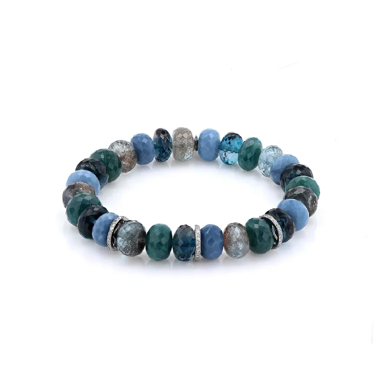 Chic Fashion Bracelets For Women-Blue Green Mix bead Bracelet with 3 Diamond Rondelles - 10mm  B0003524