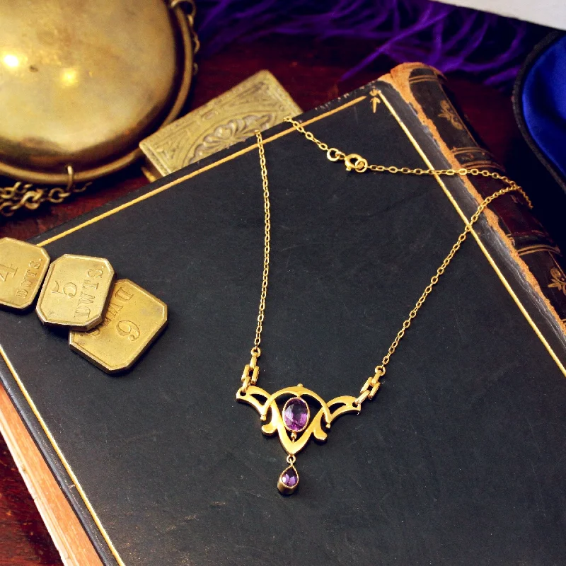 Sparkling Gold Necklace For Holiday Parties-Dramatic Antique Art Nouveau Amethyst Pendant