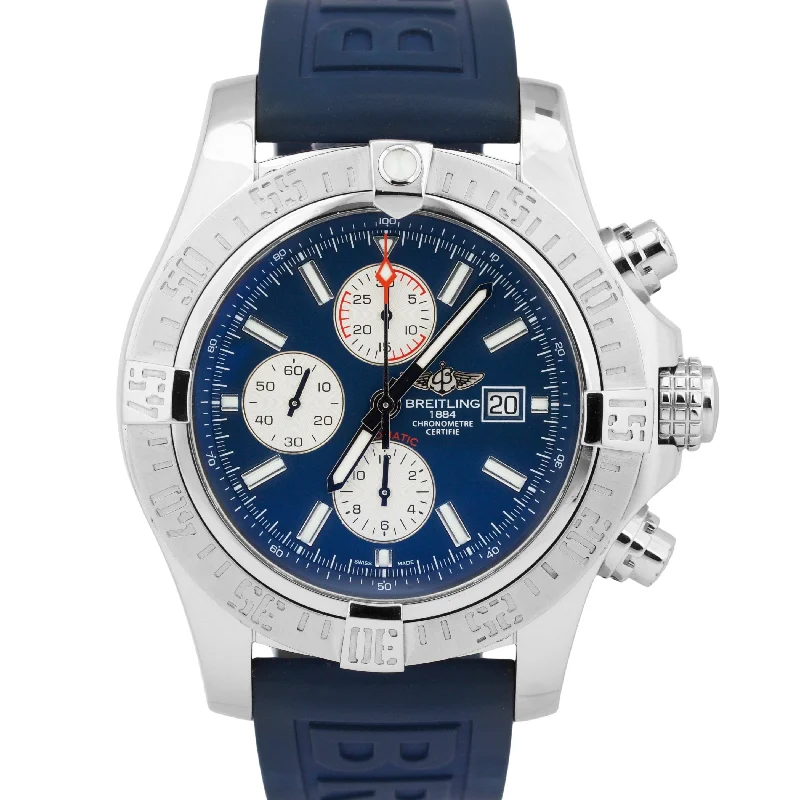 Custom Leather Watches For Men-MINT Breitling Super Avenger Chronograph 48mm BLUE Rubber Steel Watch A13371