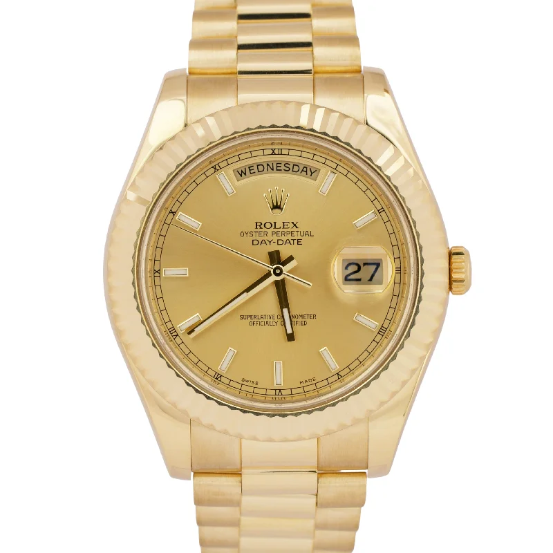 Men’s Watches With Dual Time Zones-MINT PAPERS Rolex Day-Date II 41mm CHAMPAGNE 18K Yellow Gold Fluted 218238 BOX