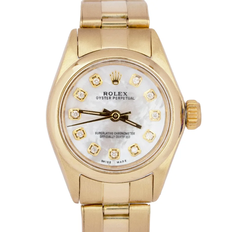 Designer Watches For Corporate Professionals-MINT Ladies Rolex Oyster Perpetual 24mm SOLID GOLD 14K Watch DIAMOND MOP 6718