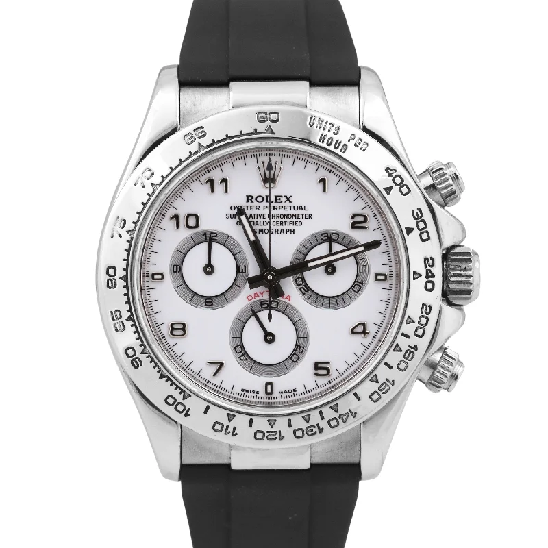 Men’s Watches With Ceramic Bands-Rolex Daytona Cosmograph WHITE ARABIC 18K White Gold Black Rubber Watch 116519