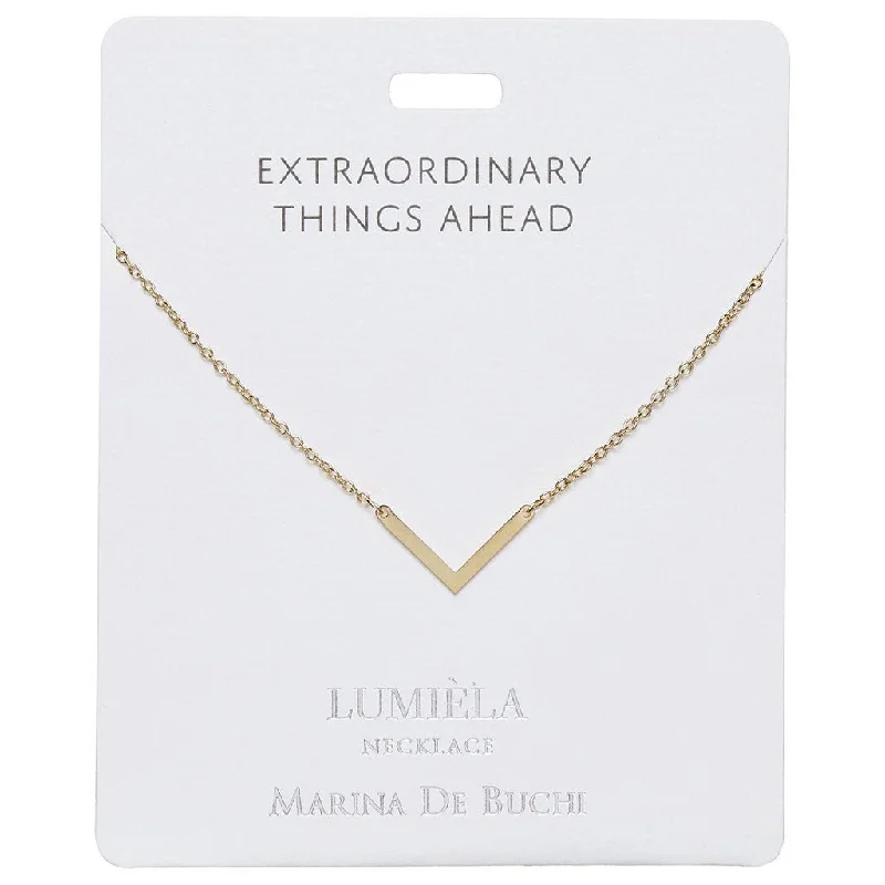 Dainty Gold Necklace For Minimalist Style-Lumiela Necklace: "extraordinary things ahead" - V bar