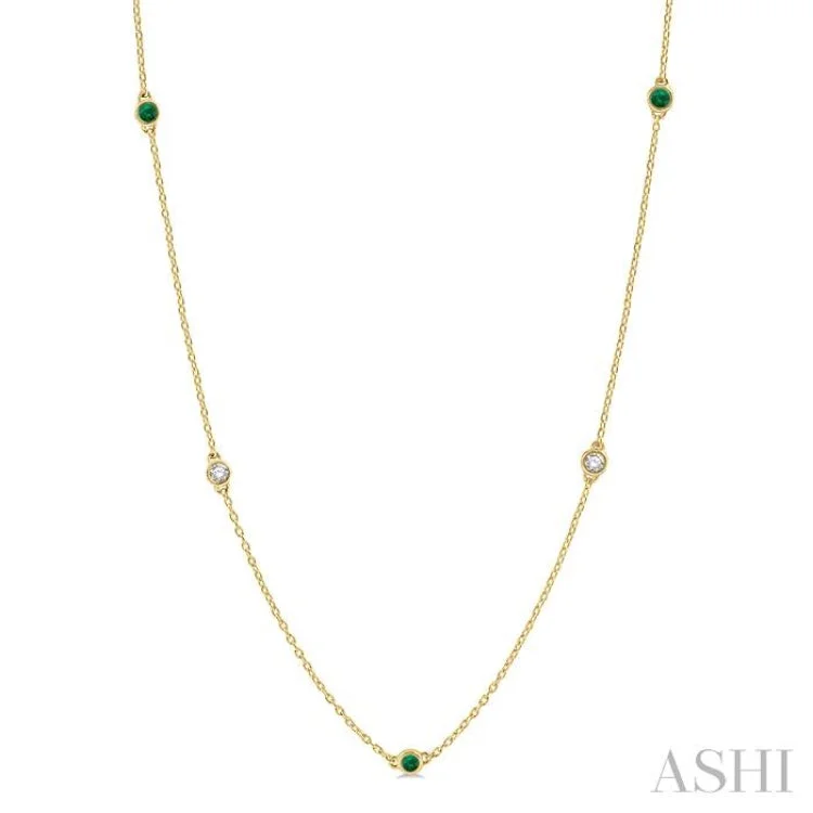 Simple Pearl Drop Necklace For Elegant Style-3/8 ctw Round Cut Diamond and 2.6MM Emerald Precious Station Necklace in 14K Yellow Gold