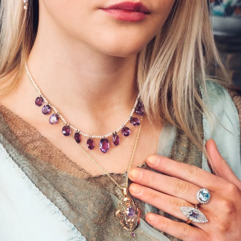 Personalized Family Necklace For Mom-Victorian Amethyst & Seed Pearl Necklet