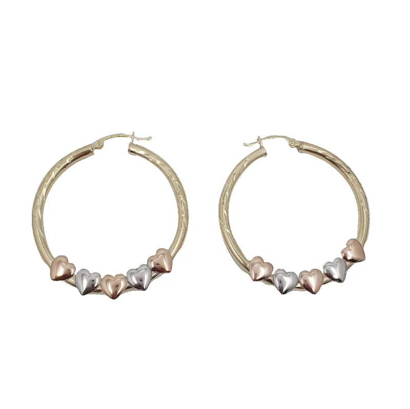 Stylish Stud Earrings With Rhinestones-Tricolor Heart Hoop Earrings (14K)