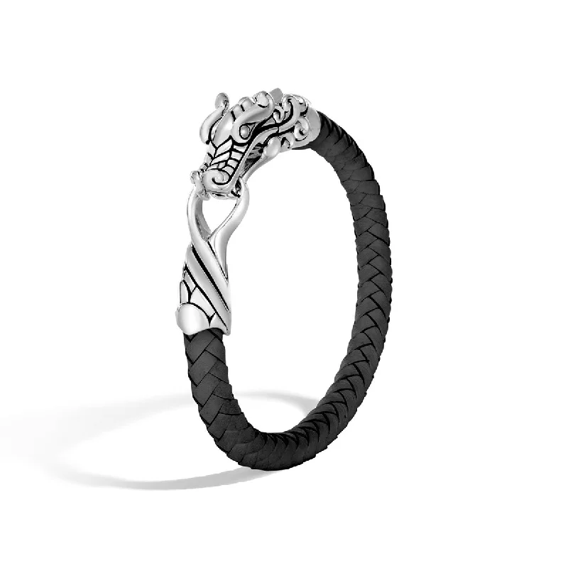 Handmade Beaded Bracelets-Legends Naga Silver Bracelet on Black Leather