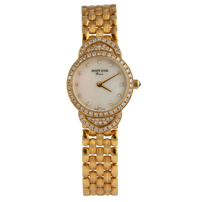 Elegant Watches For Evening Wear-Mont D'or Bienne 18k Yellow Gold Diamond Bezel MOP White Dial 23.5mm Watch