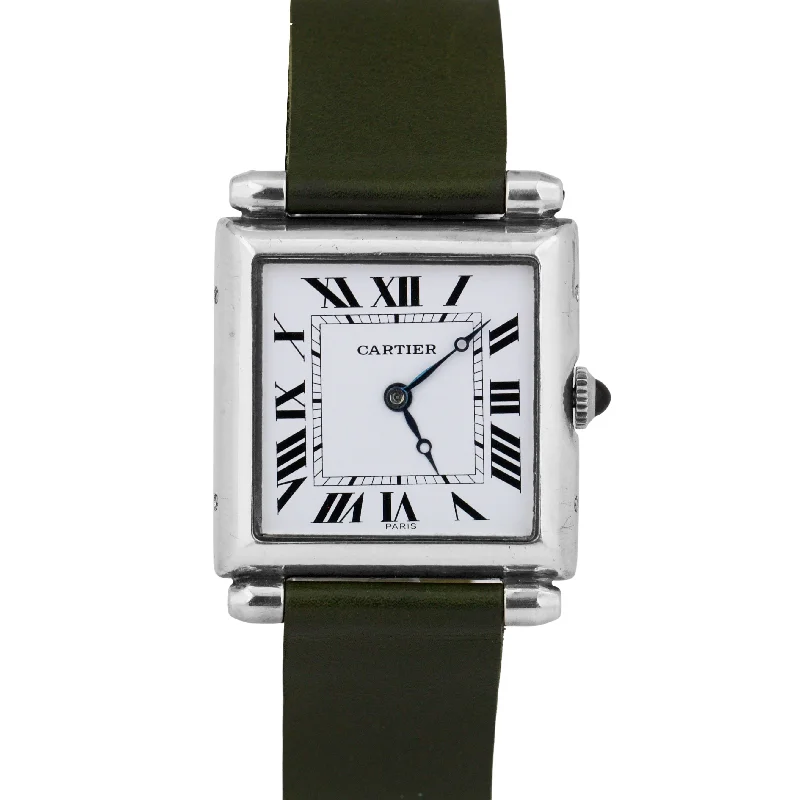 Luxury Watches With Rose Gold Accents-VINTAGE Cartier Tank Obus Sterling Silver Green Leather 25mm Manual Watch