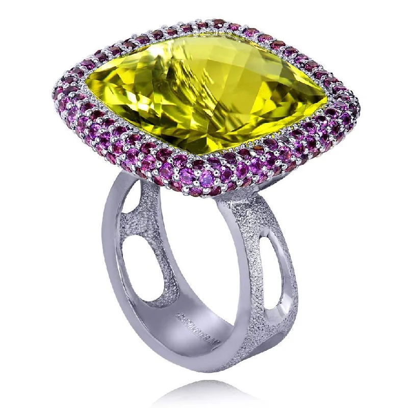 Elegant Gold Rings For Engagement Day-Gold Royal Ring with Lemon Citrine & Rhodolite Garnet