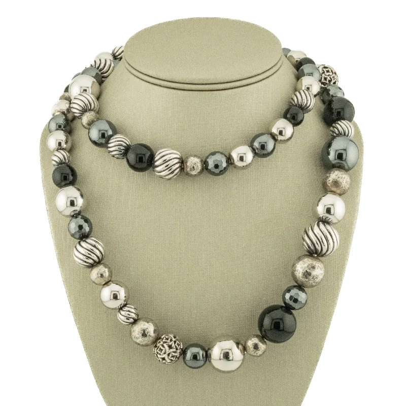 Personalized Necklace With Charms For Gifts-David Yurman Elements Onyx, Hematite & Sterling Silver Graduated Bead Necklace 36" in S925