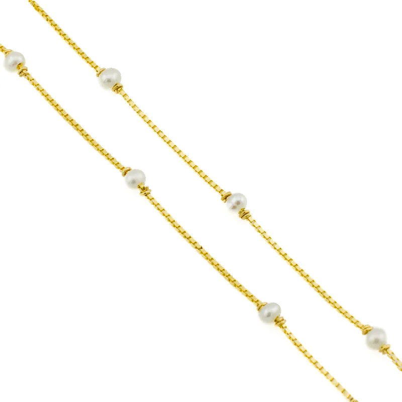 Dainty Pearl Necklace For Elegant Look-Pearl Station 18" Necklace in 22K Yellow Gold