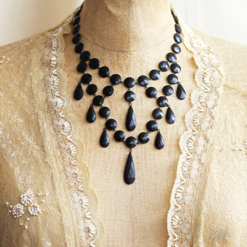 Trendy Gold Necklace For Fashion Events-Antique Victorian Gothic! French Jet Bib Necklace