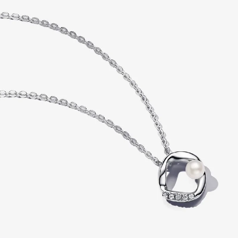 Personalized Crystal Pendant Necklace For Brides-PANDORA : Organically Shaped Pavé Circle & Treated Freshwater Cultured Pearl Collier Necklace