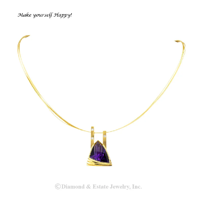 Colorful Crystal Necklace For Day Wear-Fantasy Cut Amethyst Princess Cut Diamond Yellow Gold Necklace