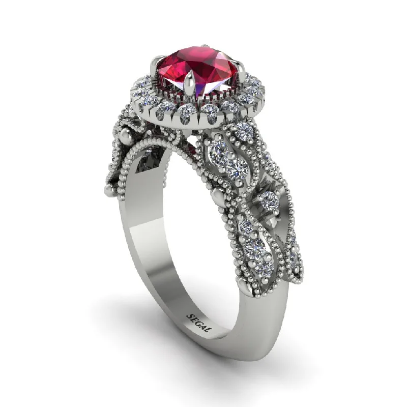 Trendy Stackable Rings For Casual Look-Exclusive Halo Ruby Milgrain Engagement Ring - Kendra No. 12