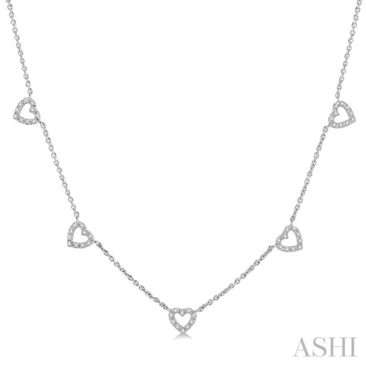 Trendy Long Necklace For Fashion Week-1/6 Ctw Five Heart Round Cut Diamond Necklace in 10K White Gold