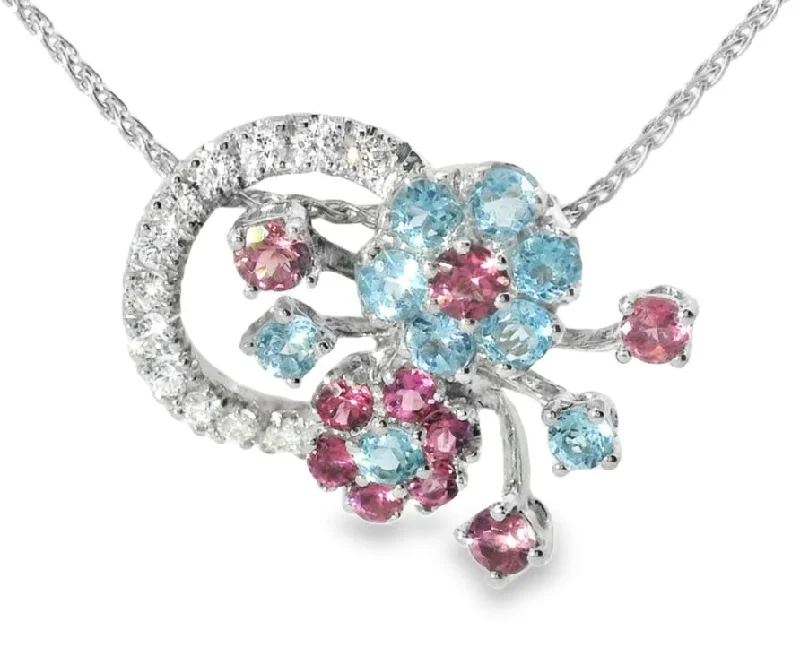 Elegant Beaded Necklace For Evening Parties-Magnificent Estate 18K White Gold Tourmaline Topaz Diamond Floral Necklace