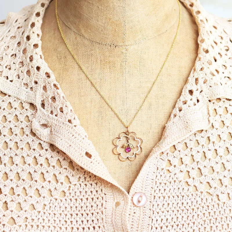 Custom Pendant Necklace For Couples-Antique Edwardian Pink Garnet & Gold Pendant