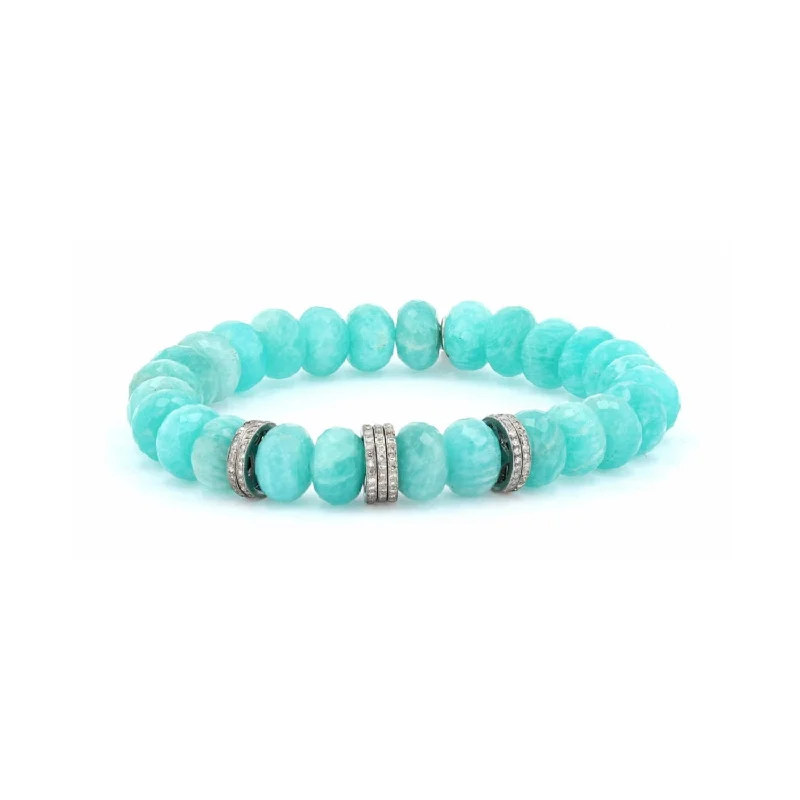 Stylish Adjustable Bracelets-Amazonite Faceted Bead Bracelet with 7 Pave Diamond Rondelles - 10mm : B0003443