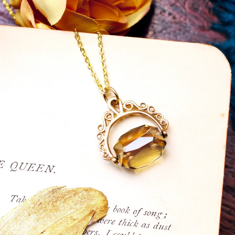 Classic Gold Pendant Necklace For Evening Wear-Vintage Smoky Quartz Spinner Fob Necklace