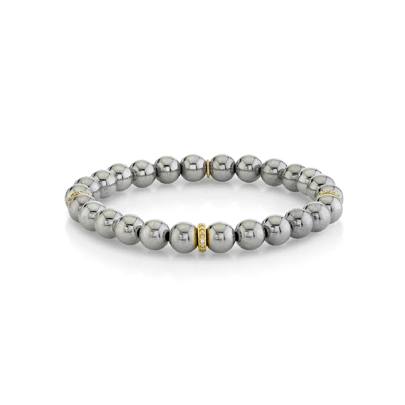 Friendship Bracelets For Groups-Silver Bali Bead Bracelet with 14k Diamond Rondelles BG000269