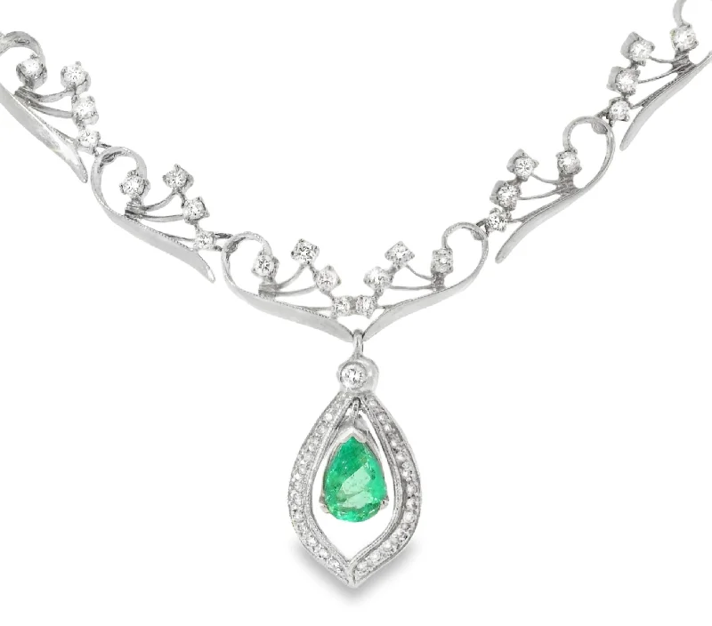 Handmade Silver Necklace For Evening Events-Antique 14K White Gold Filigree Emerald Diamond Necklace