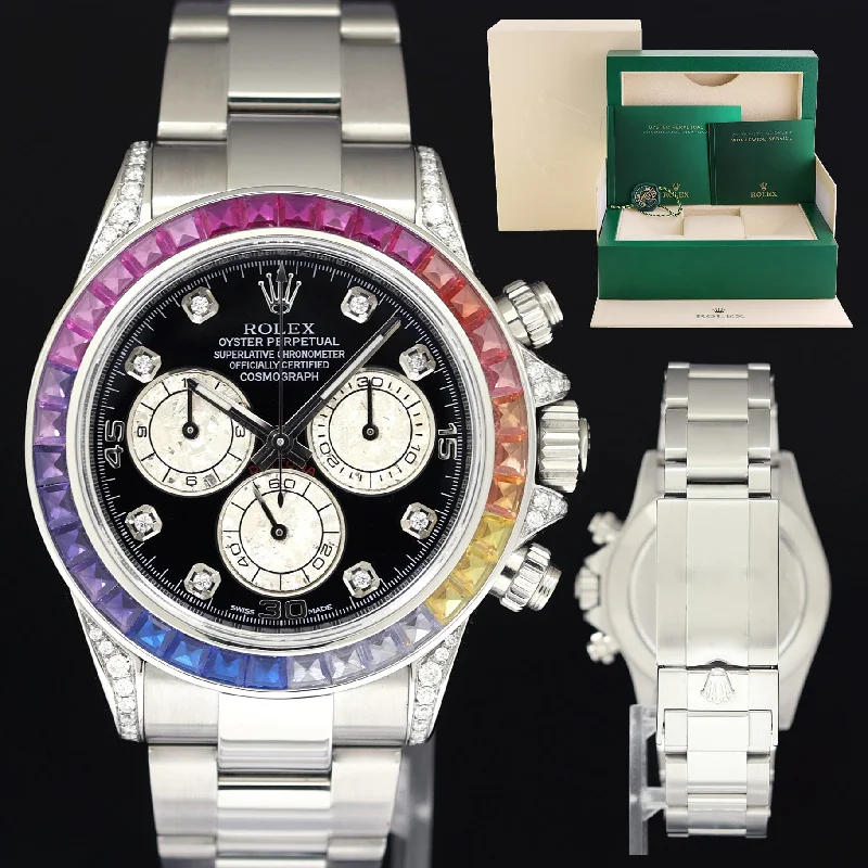 Elegant Watches For Special Events-2015 MINT Rolex Daytona 116520 Black Rainbow Diamond Steel 40mm Watch Box