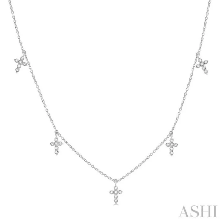 Dainty Pearl Necklace For Elegant Look-1/3 Ctw Cross Charm Round Cut Diamond Station Necklace in 14K White Gold