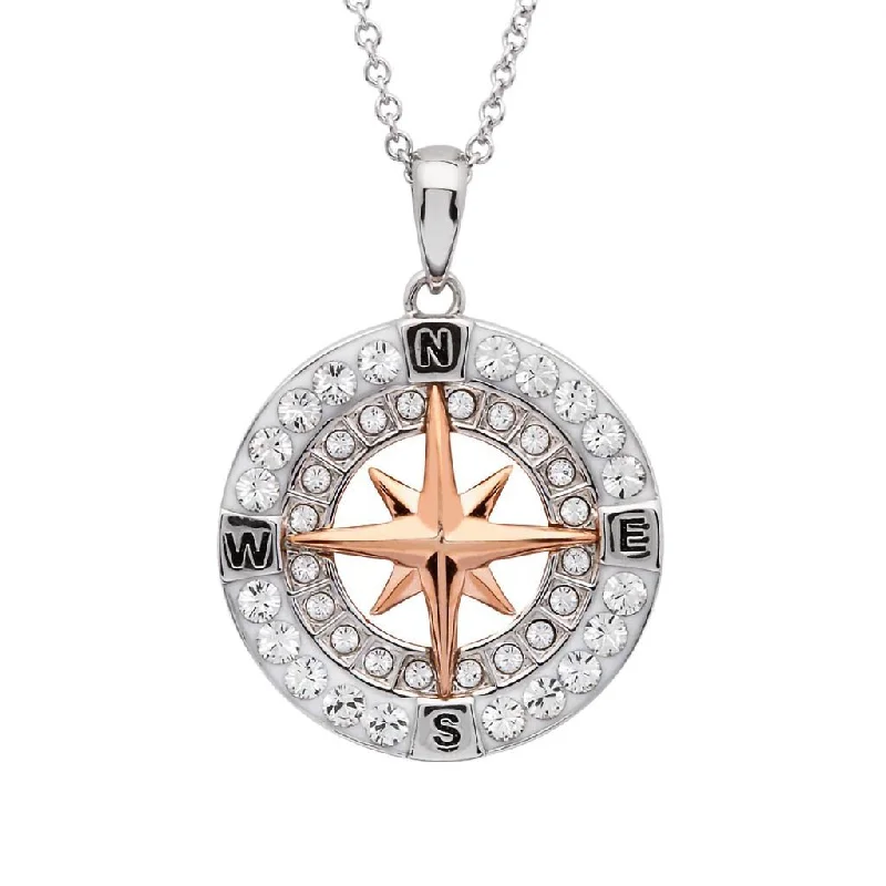 Simple Silver Necklace For Casual Outfits-Ocean : Rose Gold Compass Necklace with Aqua Crystals