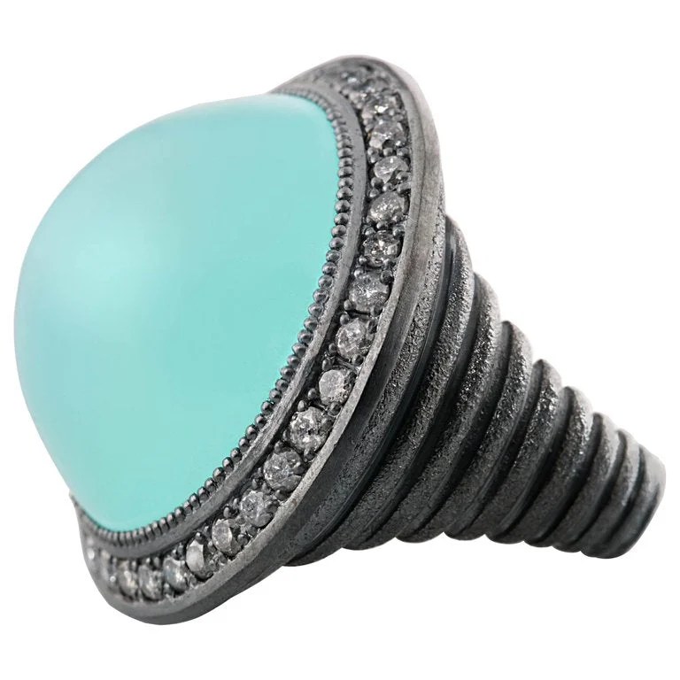 Trendy Stacking Rings For Wedding Gifts-Silver Symbolica Ring with Chalcedony & Diamonds