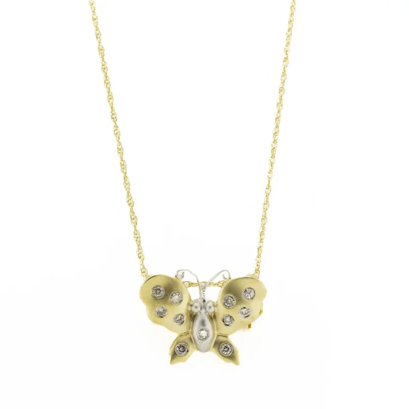 Trendy Chunky Necklace For Bold Look-0.2ctw Diamond Butterfly Pendant on 17" Necklace in 14K Yellow Gold