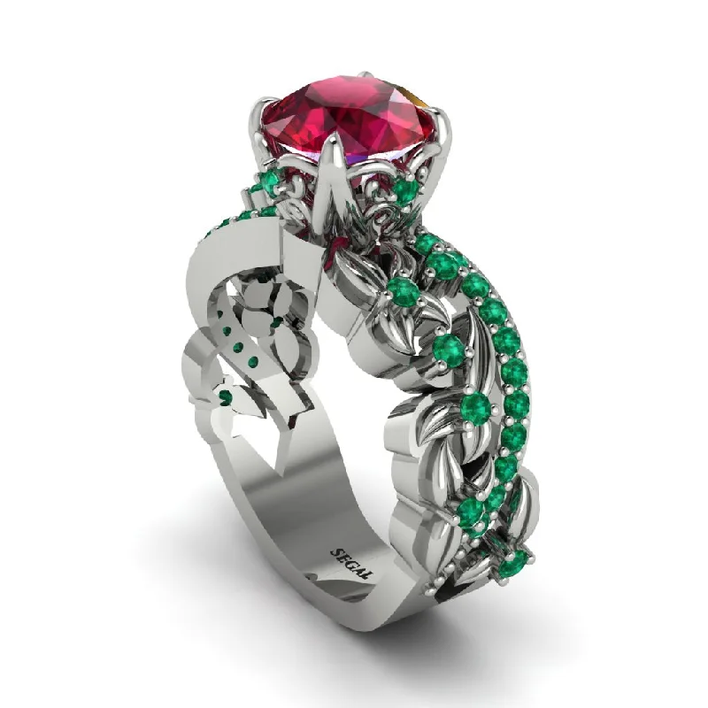 Custom Stacking Rings For Special Occasions-Round Floral Cathedral Ruby Engagement Ring - Lindsay No. 27