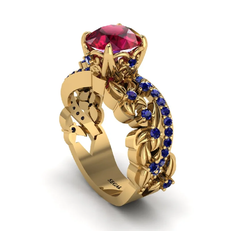 Handmade Gemstone Rings For Fashion Lovers-Round Floral Cathedral Ruby Engagement Ring - Lindsay No. 70