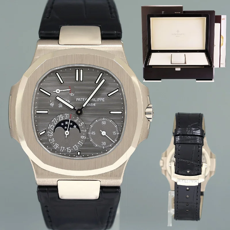 Comfortable Watches For Long Wear-MINT PAPERS Patek Philippe Nautilus White Gold Leather 5712G Moonphase Watch Box