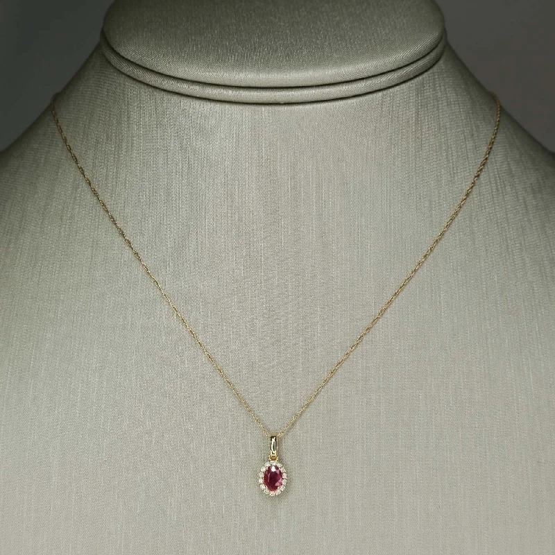 Simple Chain Necklace For Casual Style-Ruby & Diamond Accented Oval Halo Pendant on 18" Chain Necklace in 10/14K Yellow Gold