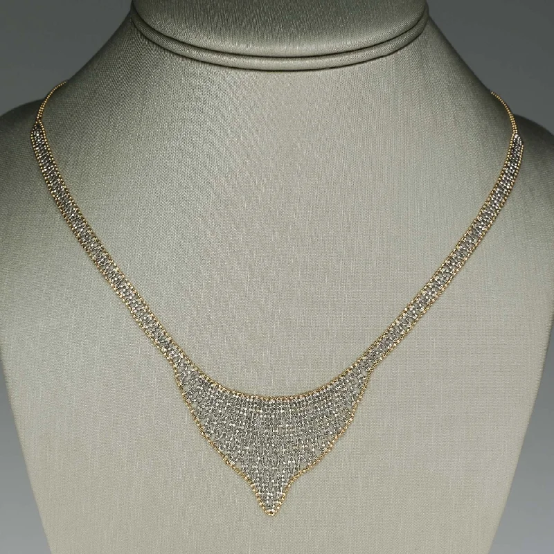 Sparkling Crystal Pendant Necklace For Bridesmaids-17" Beaded Mesh Bib Necklace in Two Tone 14K Gold