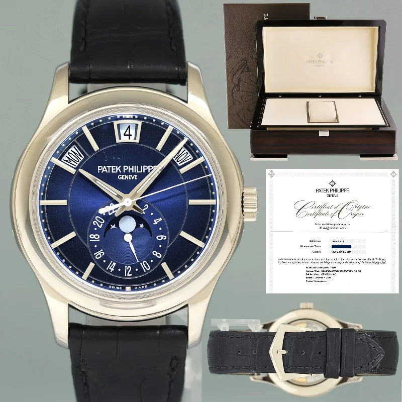 Timeless Watches For Professionals-2022 PAPERS Patek Philippe 5205G White Gold Annual Calendar Moon Phase Blue Watch