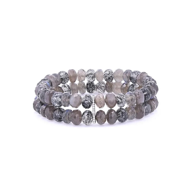 Personalized Bangles And Bracelets-Smokey Mix Stone Stacked Bracelet - 8mm  B0003102