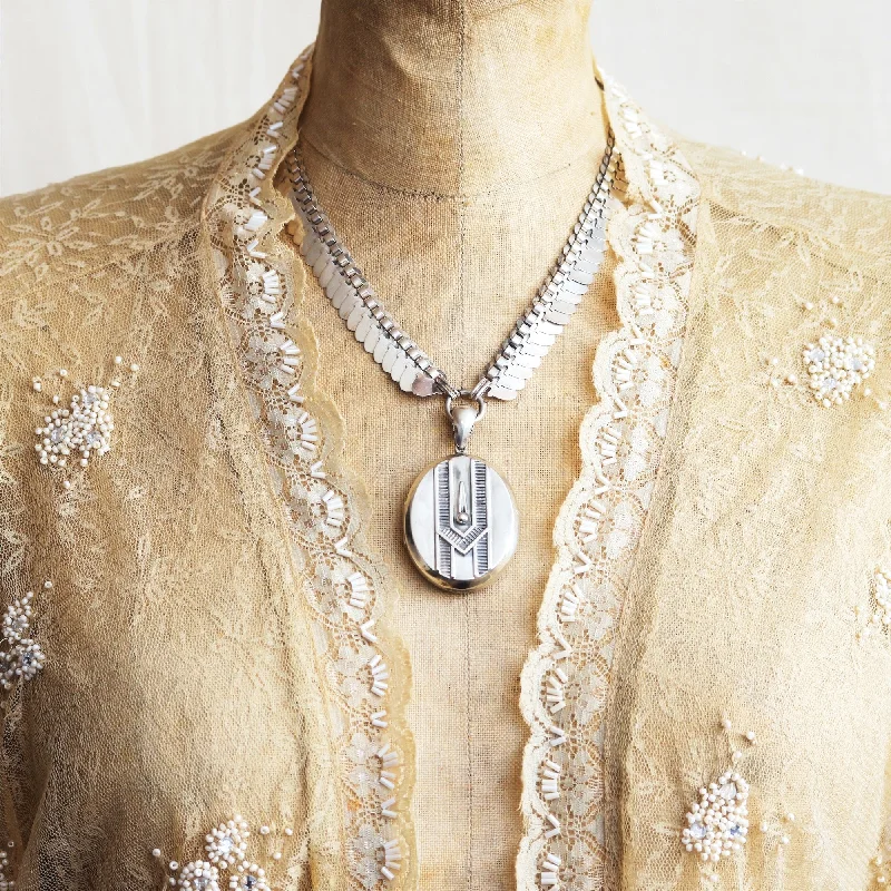 Classic Gold Chain Necklace For Bridesmaids-Scarce Victorian Aluminium Locket & Collarette