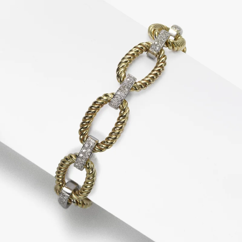 Cool Beaded Bracelets For Men-Oval Twist Link Gold Bracelet with Diamonds, .85 Carat, 14K Yellow and White Gold