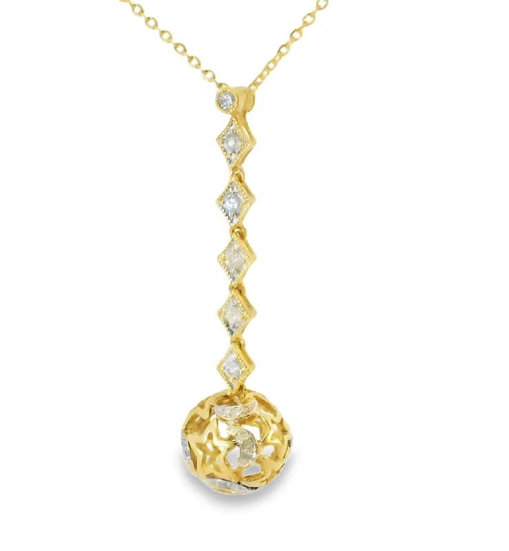 Long Pendant Necklace For Office Wear-Beautiful 14K Yellow Gold Diamond Moon Stars Ball Sphere Pendant Necklace Slide